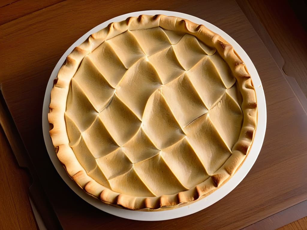  An ultradetailed closeup image of a perfectly baked pie crust, showing a golden brown color with delicate flaky layers. The crust is intricately decorated with precise lattice patterns, exuding a sense of precision and craftsmanship. The lighting highlights the texture and crispiness of the crust, making it appear both visually appealing and delicious. hyperrealistic, full body, detailed clothing, highly detailed, cinematic lighting, stunningly beautiful, intricate, sharp focus, f/1. 8, 85mm, (centered image composition), (professionally color graded), ((bright soft diffused light)), volumetric fog, trending on instagram, trending on tumblr, HDR 4K, 8K