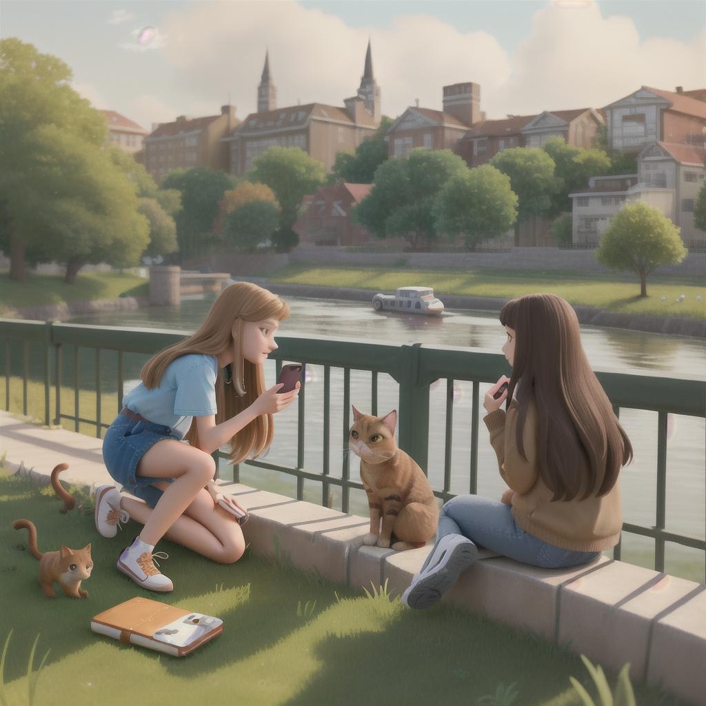  In the middle of the picture are two college girls with a brown cat lying under the railing by the river. The first girl is kneeling on the grass by the river with her cell phone to take pictures of the cat. The second girl is standing not far away and looking at the girl's profile and asking "What are you doing?"