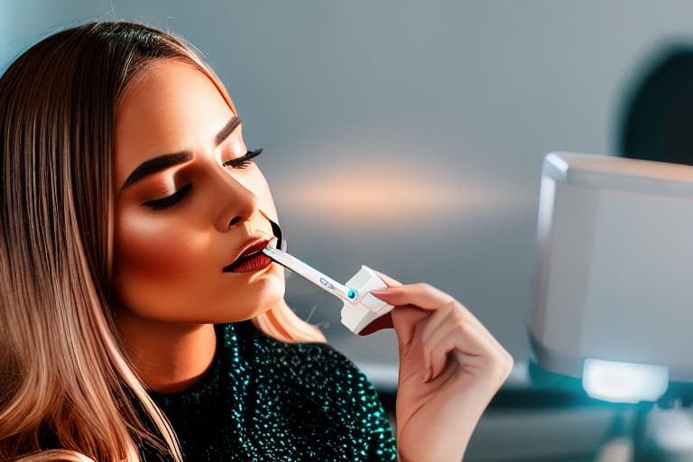  a girl hoilding a product on the front of his chin