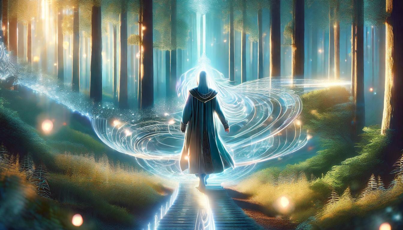  digital illustration Figure walking a path that glows with an inner light, surrounded by dark forest symbolizing the journey of living in alignment with one's truth; the path ahead illuminated, leading towards a radiant horizon; empowering, mystical journey, lit by self discovery; fantasy art style with a focus on light and path looking at viewer, dynamic pose, (intricate details, masterpiece, best quality)