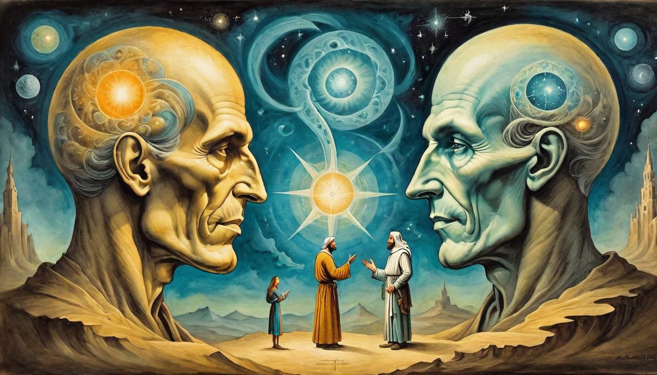  on parchment, surrealism+++, Two figures in deep conversation, glowing ethereal energy between them, exchange of knowledge, intense focus, cosmic connection, wisdom shared(mysterious, provocative, symbolic,muted color)+++