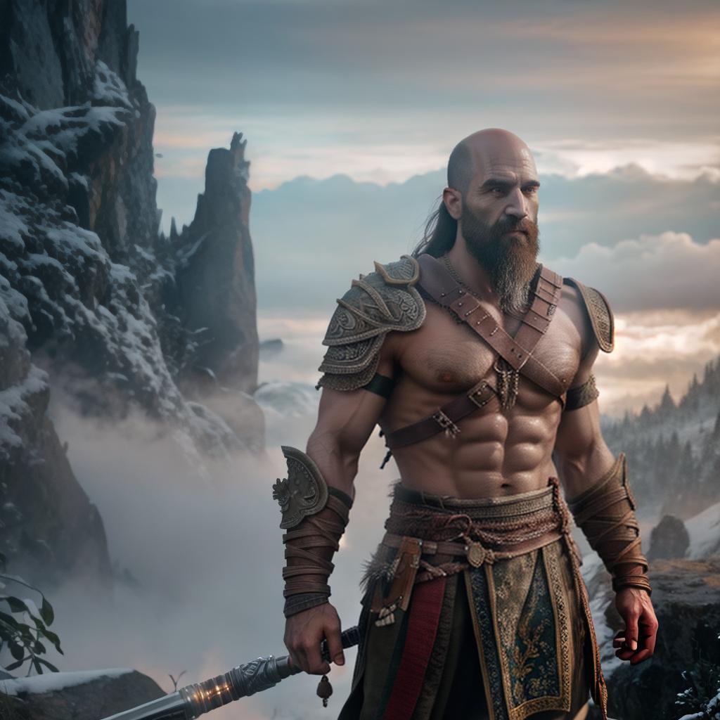  God of war hyperrealistic, full body, detailed clothing, highly detailed, cinematic lighting, stunningly beautiful, intricate, sharp focus, f/1. 8, 85mm, (centered image composition), (professionally color graded), ((bright soft diffused light)), volumetric fog, trending on instagram, trending on tumblr, HDR 4K, 8K