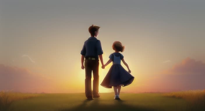  {Grace and Eli walking into the sunset, silhouetted against the horizon, smiling., Grace and Eli shared a bond of friendship that would last a lifetime.