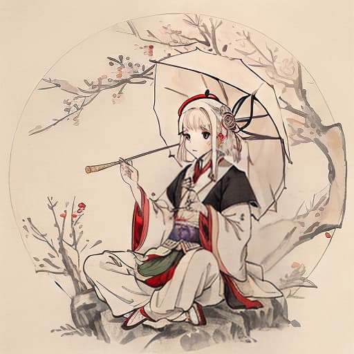  Flute, national style, Han costume, moon, beauty, white hair, oil paper umbrella,