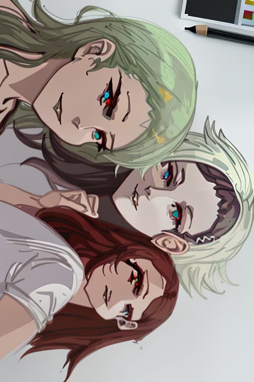  Three girls. A demon, a mermaid, and a witch., Indie game art, (Vector Art, Borderlands style, Arcane style, Cartoon style), Line art, Disctinct features, Hand drawn, Technical illustration, Graphic design, Vector graphics, High contrast, Precision artwork, Linear compositions, Scalable artwork, Digital art, cinematic sensual, Sharp focus, humorous illustration, big depth of field, Masterpiece, trending on artstation, Vivid colors, trending on ArtStation, trending on CGSociety, Intricate, Low Detail, dramatic hyperrealistic, full body, detailed clothing, highly detailed, cinematic lighting, stunningly beautiful, intricate, sharp focus, f/1. 8, 85mm, (centered image composition), (professionally color graded), ((bright soft diffused light)), volumetric fog, trending on instagram, trending on tumblr, HDR 4K, 8K