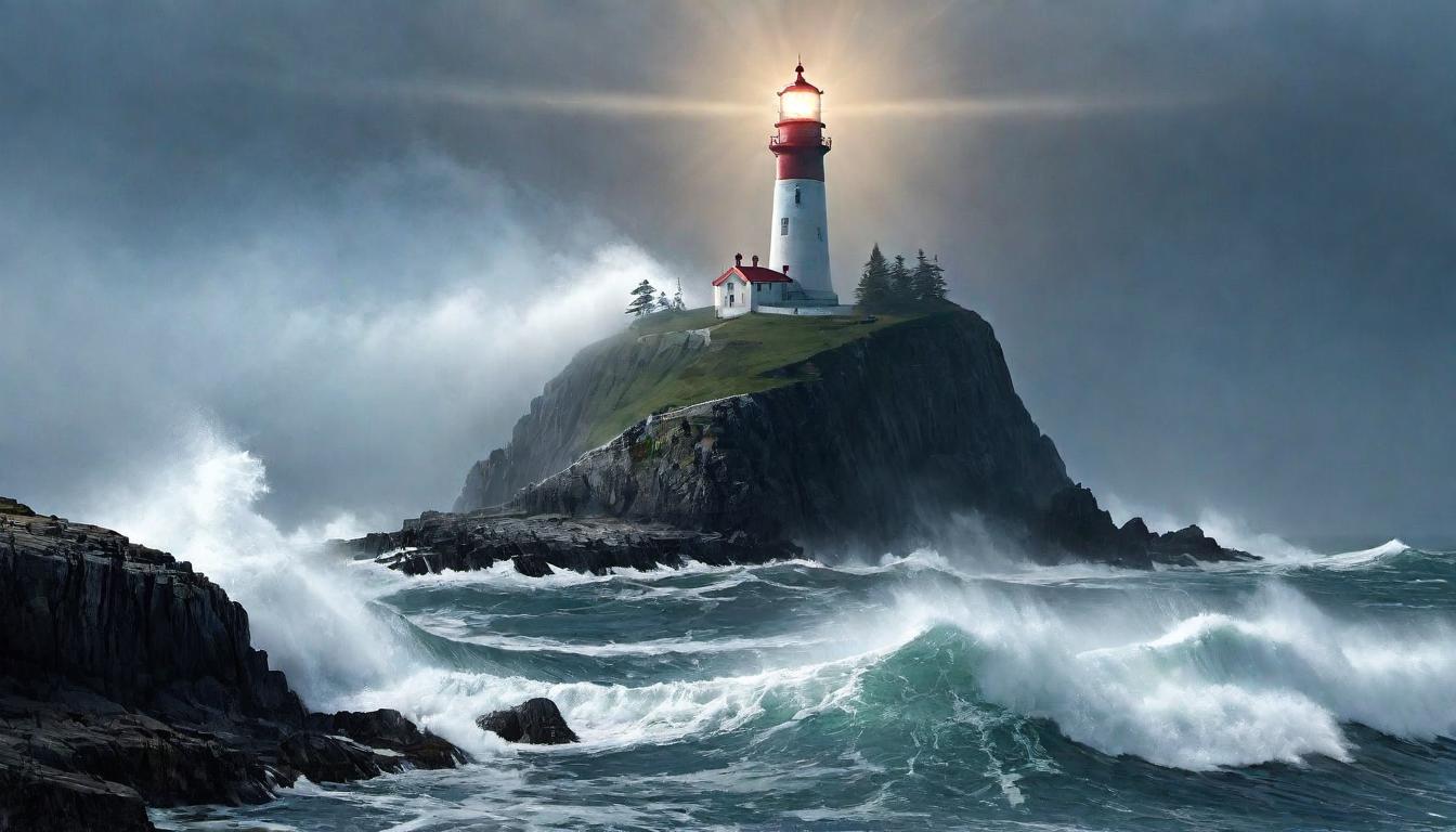  （surrealism)A grand lighthouse, standing resilient on a rocky shore, light beam piercing through a dense fog, symbol of guidance, hope and strength, towering above turbulent waves, intricate masonry, weathered but unyielding, steadfast beacon mystic, intricate details, best quality)