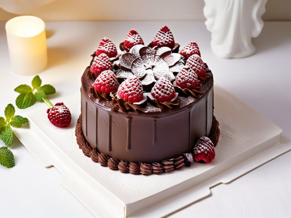  A minimalist image of a beautifully decorated glutenfree chocolate cake topped with fresh raspberries and mint leaves, set on a clean white plate against a soft, blurred background. The cake is elegantly frosted with smooth chocolate ganache, and the vibrant red of the raspberries pops against the rich brown of the cake. The image captures the intricate details of the dessert, showcasing its exquisite presentation and enticing appeal for special occasions. hyperrealistic, full body, detailed clothing, highly detailed, cinematic lighting, stunningly beautiful, intricate, sharp focus, f/1. 8, 85mm, (centered image composition), (professionally color graded), ((bright soft diffused light)), volumetric fog, trending on instagram, trending on tumblr, HDR 4K, 8K