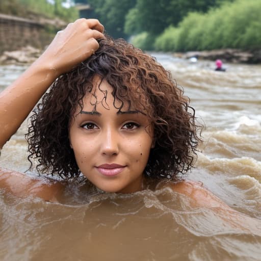  tanned woman's head with short and curly hair drowning in the river