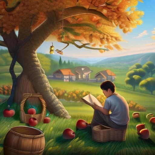  "Generate an image of a young boy with remarkable drawing skills, sitting under a village apple tree, drawing an amazingly detailed image of the tree. The villagers are admiring his work and the boy is smiling happily, pleased with his masterpiece. The background is a serene fall village with a lush apple tree filling the village with fresh apple fragrance. Include various forest animals and villagers who are amazed by the boy's talent. The style of the image should be warm and cheerful, emphasizing the green apple tree and stunning autumn natural landscapes, thus conveying a comfortable and happy sentiment."((masterpiece)), best quality, very detailed, high resolution, sharp, sharp image, extremely detailed, 4k, 8k, in-frame hyperrealistic, full body, detailed clothing, highly detailed, cinematic lighting, stunningly beautiful, intricate, sharp focus, f/1. 8, 85mm, (centered image composition), (professionally color graded), ((bright soft diffused light)), volumetric fog, trending on instagram, trending on tumblr, HDR 4K, 8K