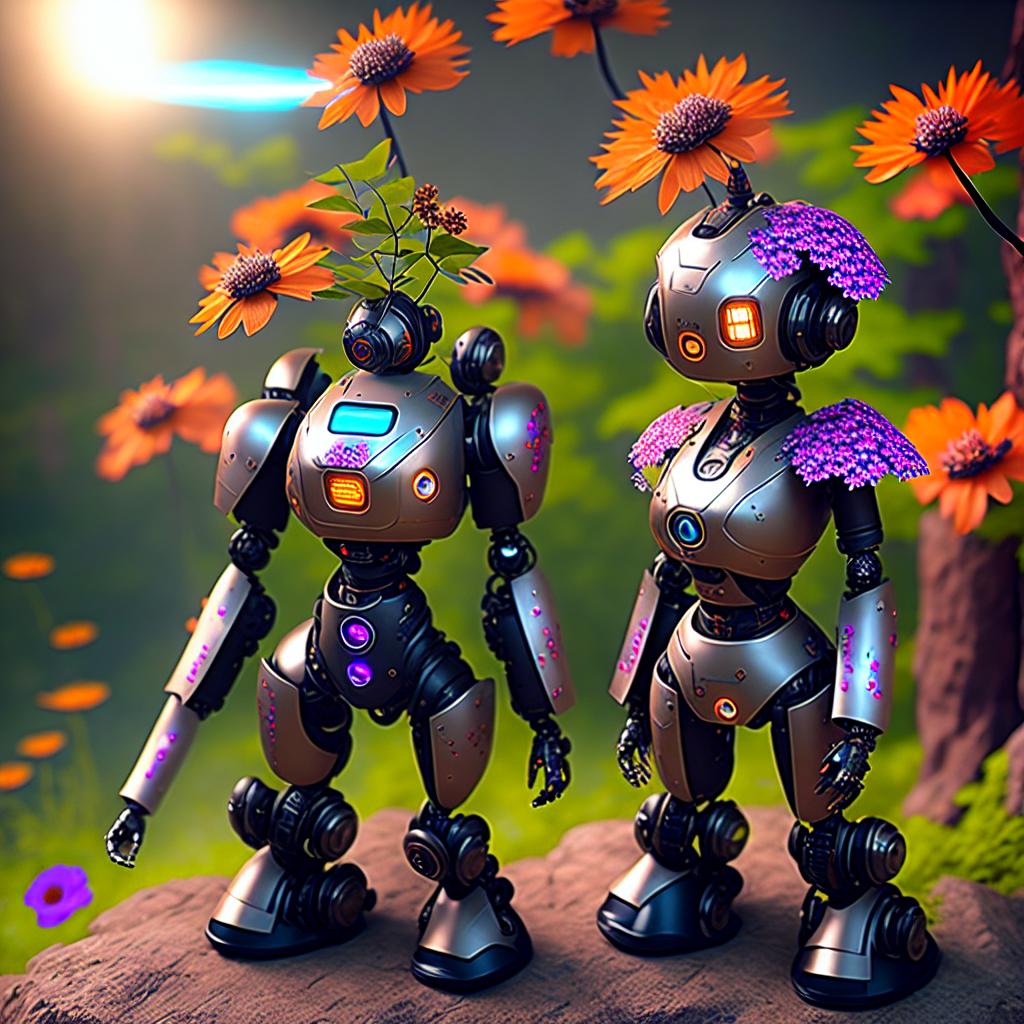  nousr robot [rustic futuristic robot:woman:10], small flowers and leaves on top of head, apex legends, epic lighting, ultra detailed