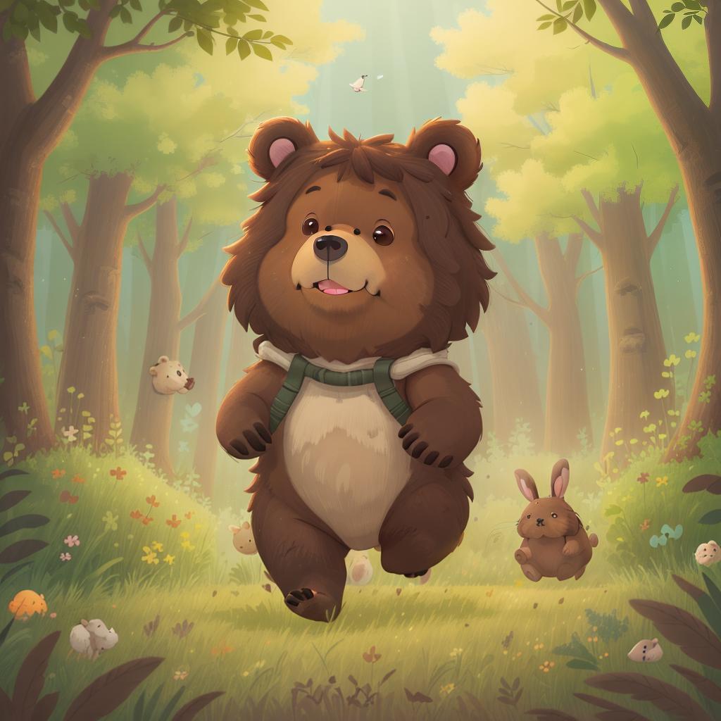  one Bear with dark brown hair, light brown muzzle is running through field, rabbits all around