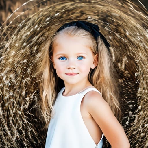 portrait+ style little blond hair female at age 5 wearing a black dress and is very little full body