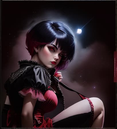  Draculaura in a red tied off moon dress with red slippers, sporting a black, and pink pixie haircut, shooting stars and a full moon , hyperrealistic, high quality, highly detailed, perfect lighting, intricate, sharp focus, f/1. 8, 85mm, (centered image composition), (professionally color graded), ((bright soft diffused light)), trending on instagram, HDR 4K, 8K