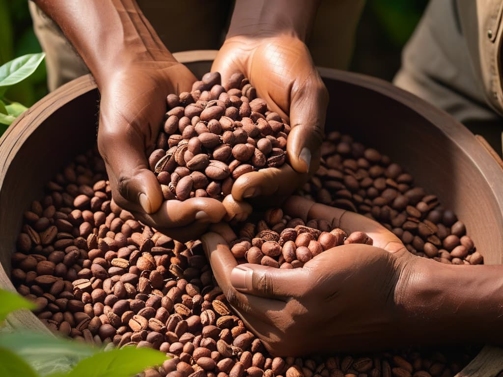  An ultradetailed, minimalist image of a cocoa bean being carefully handselected by a farmer in a lush, vibrant cocoa plantation. The focus is on the intricate details of the bean's texture and the farmer's weathered hands gently cradling it, showcasing the essence of Fair Trade ingredients and the ethical journey from farm to table. hyperrealistic, full body, detailed clothing, highly detailed, cinematic lighting, stunningly beautiful, intricate, sharp focus, f/1. 8, 85mm, (centered image composition), (professionally color graded), ((bright soft diffused light)), volumetric fog, trending on instagram, trending on tumblr, HDR 4K, 8K