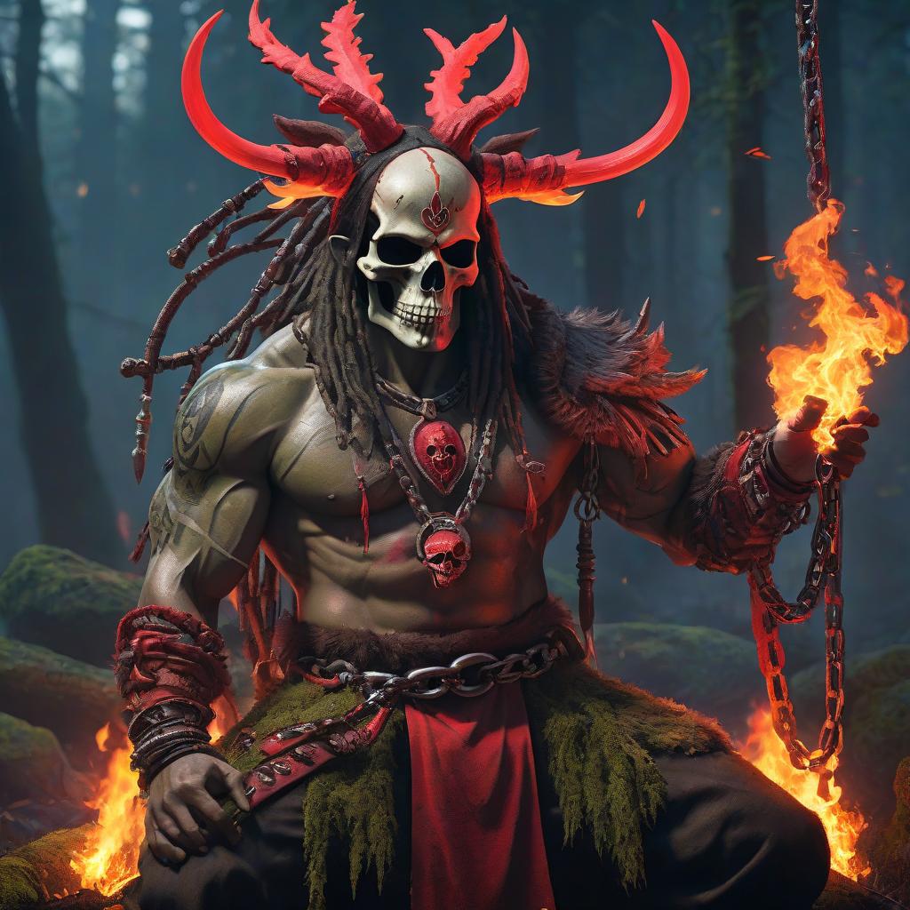  Primitive shaman, evil, aggression, fire everywhere, moss, chains, red neon, skull of an animal, anime. hyperrealistic, full body, detailed clothing, highly detailed, cinematic lighting, stunningly beautiful, intricate, sharp focus, f/1. 8, 85mm, (centered image composition), (professionally color graded), ((bright soft diffused light)), volumetric fog, trending on instagram, trending on tumblr, HDR 4K, 8K