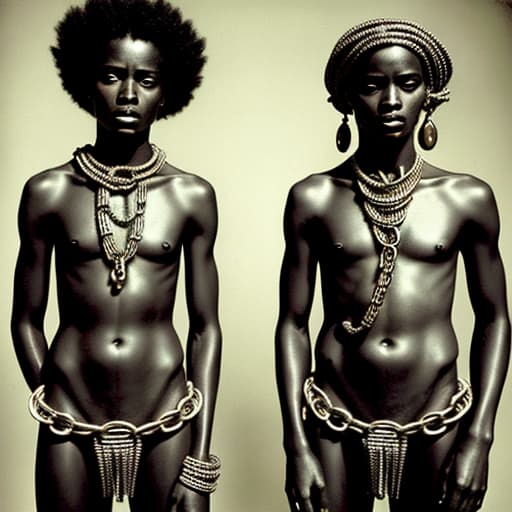  Two African slave woman in shackles and chains in the style of bruce weber,