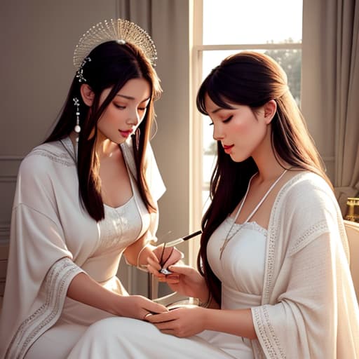  Two spirited 9 sisters in a shared room, early evening. Dressed in pristine, white , they're playing a whimsical game of make-believe. One sister is perched on the , engrossed in a fairytale book, while the other is at the vanity, pretending to apply makeup using toy cosmetics. The room is ed in the soft, warm glow of a setting sun, casting long shadows and creating a cozy atmosphere. hyperrealistic, full body, detailed clothing, highly detailed, cinematic lighting, stunningly beautiful, intricate, sharp focus, f/1. 8, 85mm, (centered image composition), (professionally color graded), ((bright soft diffused light)), volumetric fog, trending on instagram, trending on tumblr, HDR 4K, 8K