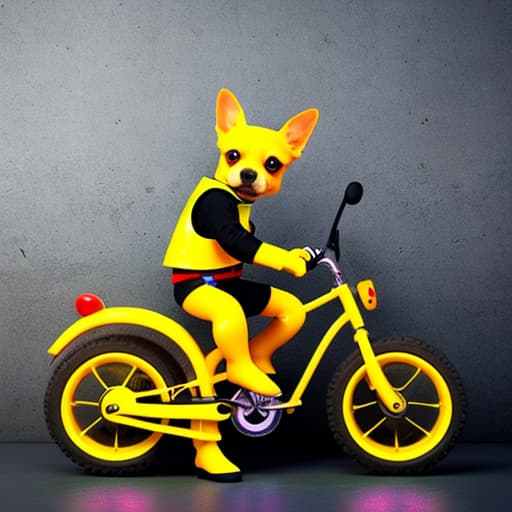  cute yellow chihuahua riding a bike and holding flowers, white background. show complete image., neon ambiance, abstract black oil, gear mecha, detailed acrylic, grunge, intricate complexity, rendered in unreal engine, photorealistic