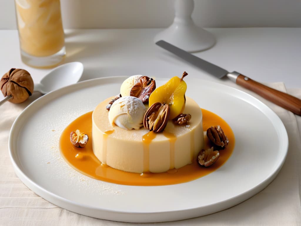  A closeup, ultradetailed image of a scoop of creamy quince and walnut ice cream, garnished with a single perfect walnut half and a drizzle of golden quince syrup, resting on a sleek, modern white porcelain dessert plate. The ice cream scoop is perfectly round, with visible specks of vanilla bean throughout, and the quince syrup glistens invitingly under the soft lighting, emphasizing the luxurious texture and rich flavors of the dessert. hyperrealistic, full body, detailed clothing, highly detailed, cinematic lighting, stunningly beautiful, intricate, sharp focus, f/1. 8, 85mm, (centered image composition), (professionally color graded), ((bright soft diffused light)), volumetric fog, trending on instagram, trending on tumblr, HDR 4K, 8K