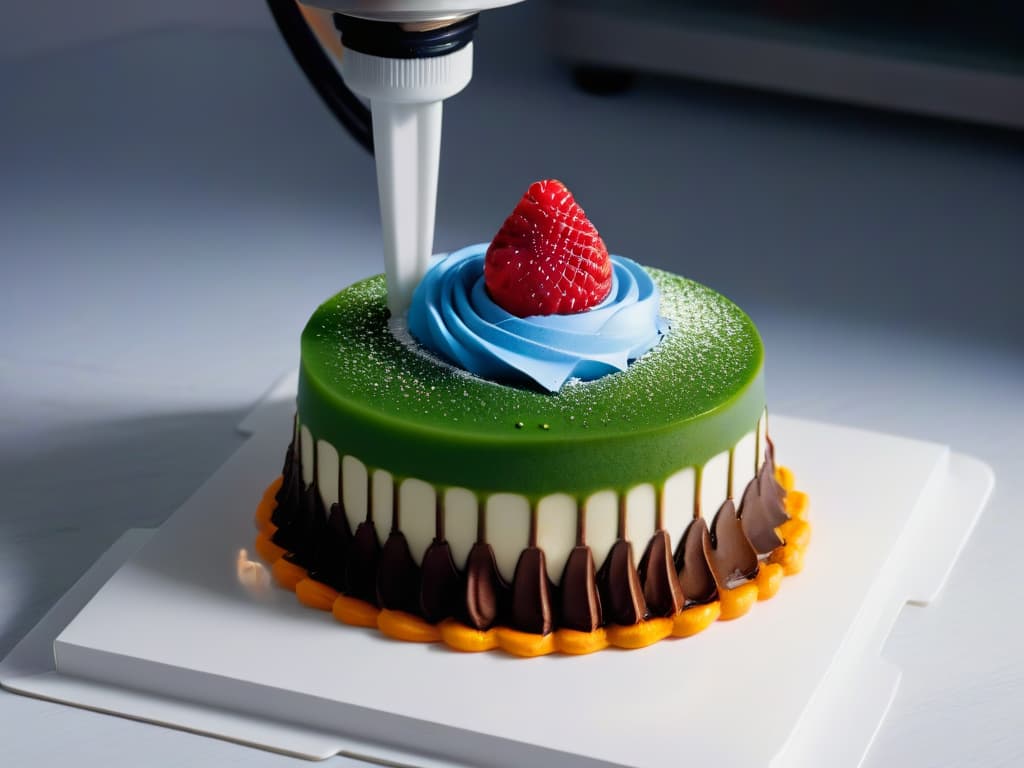  A stunning 8k ultradetailed image of a sleek, futuristic 3D printer in action, meticulously crafting an intricate and personalized dessert design. The printer's precise movements are highlighted, showcasing the layering process of the edible creation, with vibrant colors and intricate details clearly visible. The minimalistic design of the printer contrasts beautifully with the complexity of the dessert being formed, emphasizing the cuttingedge technology behind personalized 3D printed desserts. hyperrealistic, full body, detailed clothing, highly detailed, cinematic lighting, stunningly beautiful, intricate, sharp focus, f/1. 8, 85mm, (centered image composition), (professionally color graded), ((bright soft diffused light)), volumetric fog, trending on instagram, trending on tumblr, HDR 4K, 8K