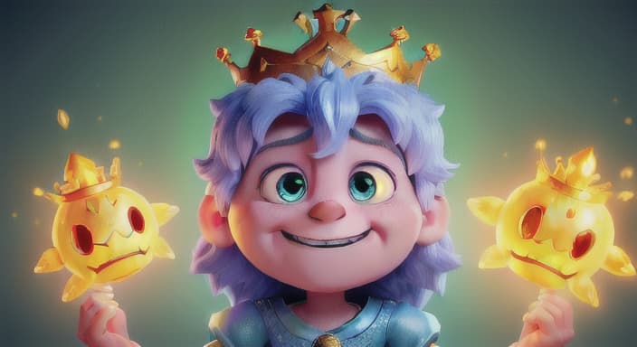  {Giggles holding the glowing crown above his head, the light illuminating his face with a sense of awe., Giggles' eyes widen in amazement as he gazes at the radiant crown. His heart races with excitement at the thought of the crown's mysterious powers.