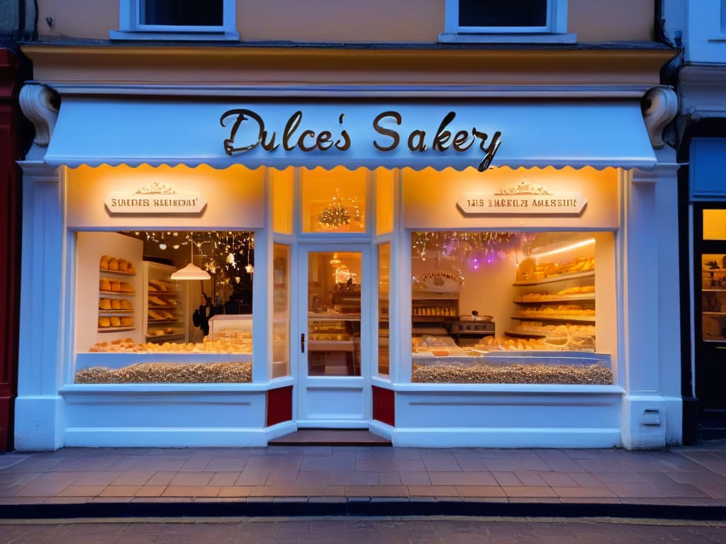  A photorealistic image of a whimsical bakery storefront, featuring a vibrant color palette with pastel hues, a charming signboard that reads "Dulces Sueños Bakery," intricate window displays showcasing themed sugar cookies, cupcakes, and macarons in the shape of unicorns, rainbows, and stars. The storefront is adorned with festive bunting and twinkling fairy lights, with a line of customers eagerly waiting outside. The scene captures the essence of a magical and inviting pastry shop, perfect for showcasing the potential of thematic merchandising for a bakery brand. hyperrealistic, full body, detailed clothing, highly detailed, cinematic lighting, stunningly beautiful, intricate, sharp focus, f/1. 8, 85mm, (centered image composition), (professionally color graded), ((bright soft diffused light)), volumetric fog, trending on instagram, trending on tumblr, HDR 4K, 8K