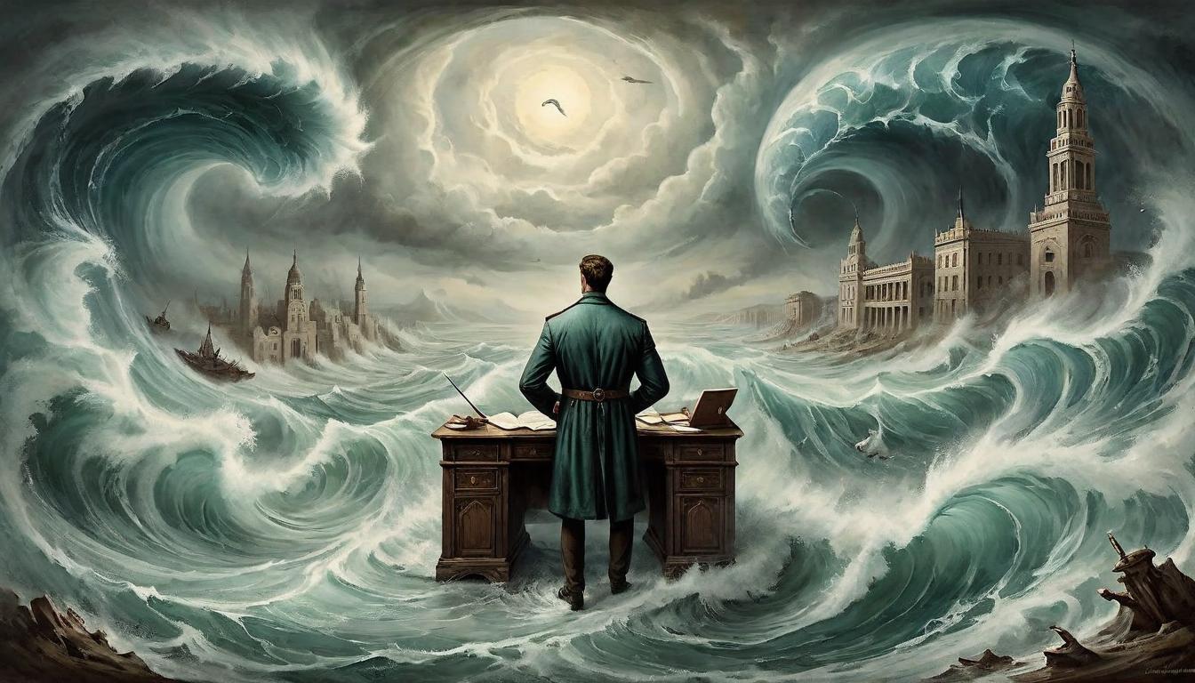  on parchment, surrealism+++, A tranquil individual in the eye of a hurricane, around which office chaos rages, symbolizing unwavering resolve in professional adversity. Individual calm and centered, hurricane of paperwork and conflict, oasis of serenity amidst upheaval, steadfast, impactful(mysterious, provocative, symbolic,muted color)+++