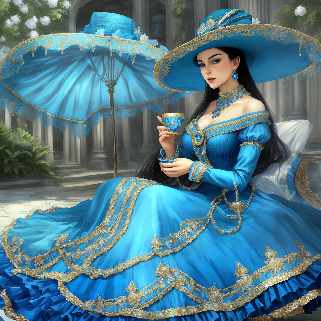  beautiful and one woman imagen realista tipo dibujo piel trigueña clara ojos almendrados grises cabello largo curby ropa vestido azul estilo victoriano joyas sombrero con flor estilo victoriano pose elegante con taza de té en la mano sutil imagen alta definición