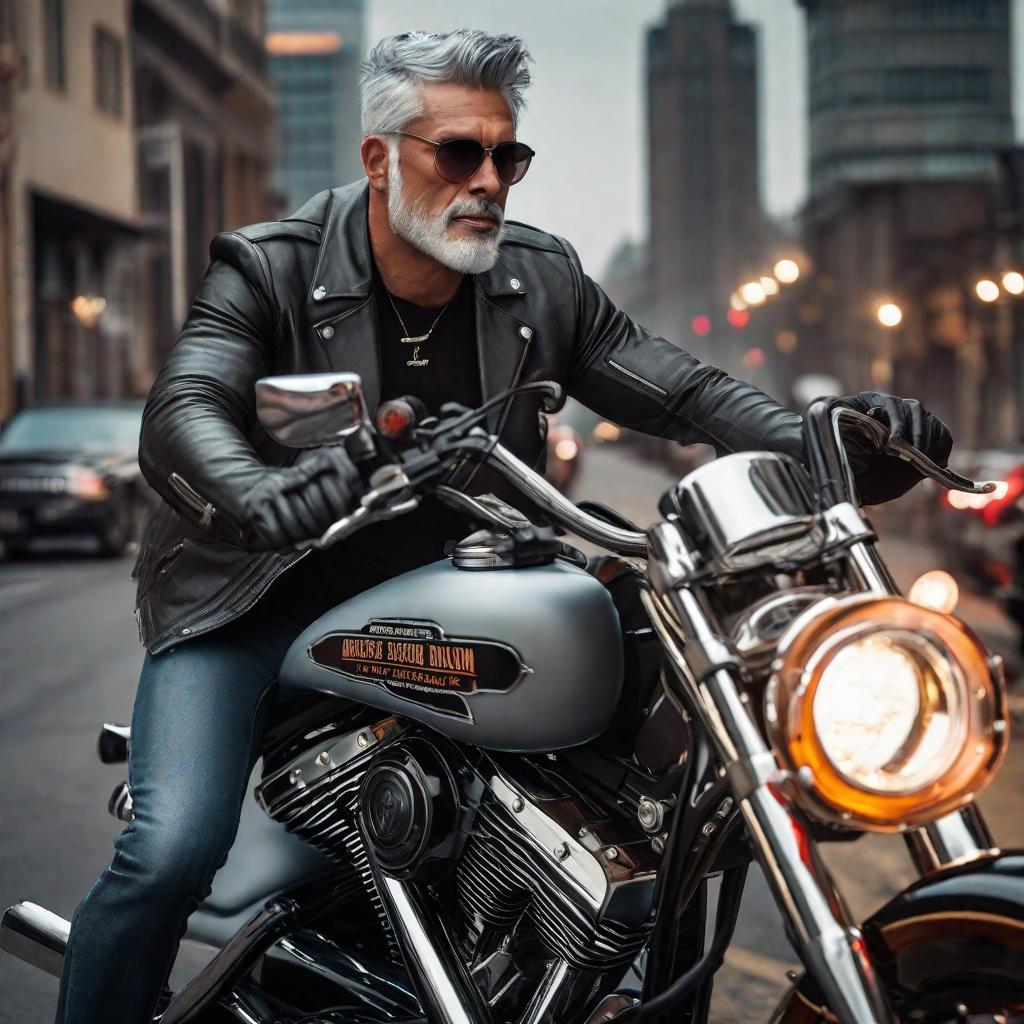  Biker with short gray hair on a Harley Davidson rides on the road hyperrealistic, full body, detailed clothing, highly detailed, cinematic lighting, stunningly beautiful, intricate, sharp focus, f/1. 8, 85mm, (centered image composition), (professionally color graded), ((bright soft diffused light)), volumetric fog, trending on instagram, trending on tumblr, HDR 4K, 8K