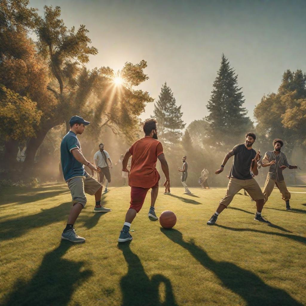  Kids playing dodgeball in a large yard with trees hyperrealistic, full body, detailed clothing, highly detailed, cinematic lighting, stunningly beautiful, intricate, sharp focus, f/1. 8, 85mm, (centered image composition), (professionally color graded), ((bright soft diffused light)), volumetric fog, trending on instagram, trending on tumblr, HDR 4K, 8K