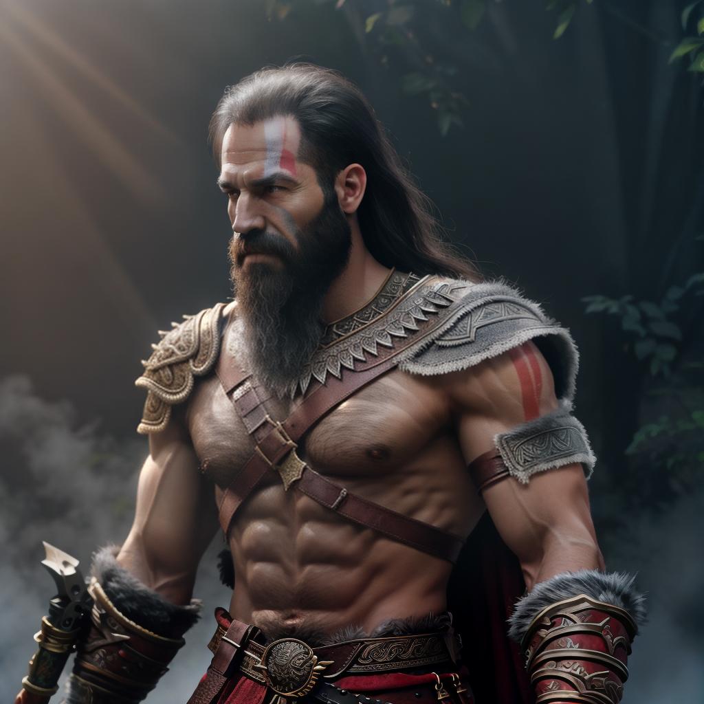  God of war hyperrealistic, full body, detailed clothing, highly detailed, cinematic lighting, stunningly beautiful, intricate, sharp focus, f/1. 8, 85mm, (centered image composition), (professionally color graded), ((bright soft diffused light)), volumetric fog, trending on instagram, trending on tumblr, HDR 4K, 8K