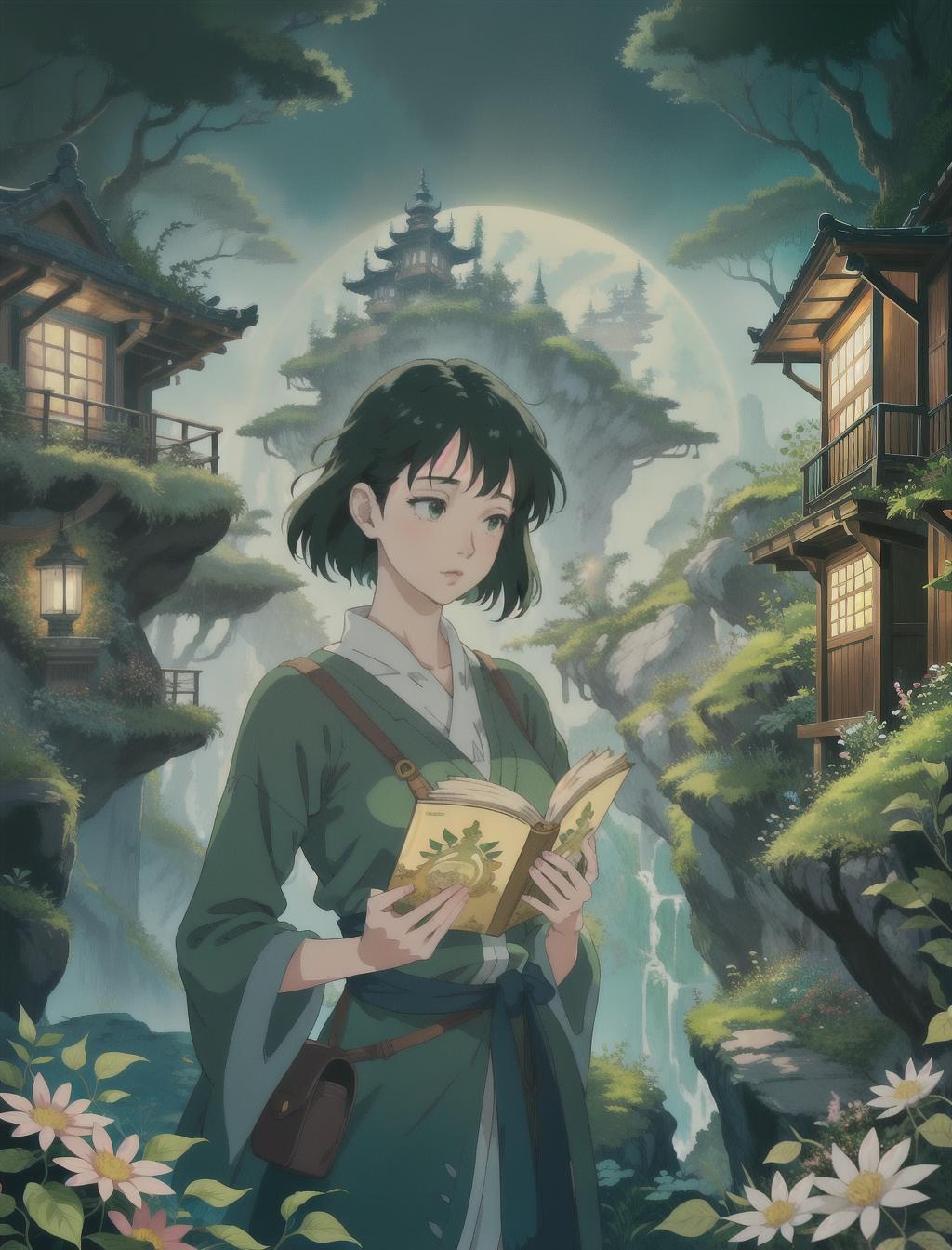  a very hot and beautiful woman reading book, in an open space, in a garden, Create art in Studio Ghibli style, Emulate Studio Ghibli aesthetics, Ghibli-inspired illustration, Capture the Ghibli magic, Mimic Hayao Miyazaki's artistic vision, Dreamy and whimsical Ghibli visuals, Nature and fantasy blend like Ghibli, Ghibli-inspired landscape art, Ghibli color palette and charm, Artwork reminiscent of Studio Ghibli hyperrealistic, full body, detailed clothing, highly detailed, cinematic lighting, stunningly beautiful, intricate, sharp focus, f/1. 8, 85mm, (centered image composition), (professionally color graded), ((bright soft diffused light)), volumetric fog, trending on instagram, trending on tumblr, HDR 4K, 8K