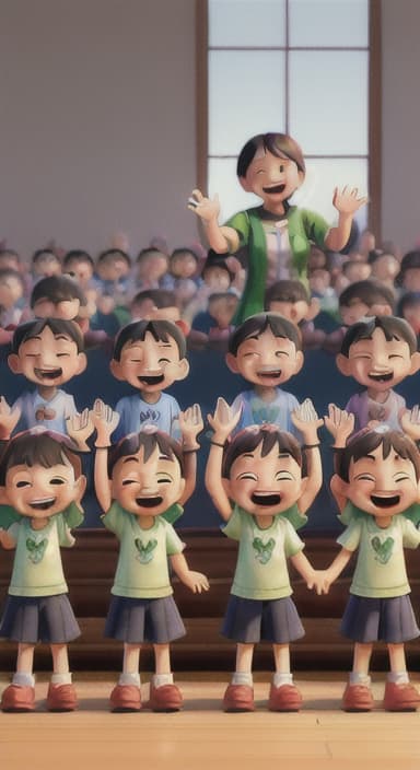  {A heartwarming scene of all the children waving goodbye with happy expressions., Children waving with wide smiles, looking grateful and content.