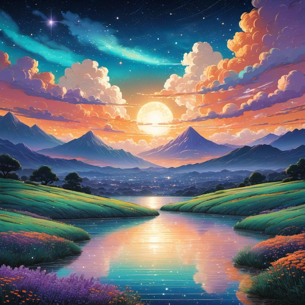  Masterpiece landscape, starry sky, starry sky, clouds, vivid, highly detailed, by Hayao Miyazaki, hand-drawn, sunrise, whimsical, (enchanting atmosphere:1.1), warm lighting , depth of field, Wacom Cintiq, Adobe Photoshop, 300 DPI, Lavender Shades, (teal and orange:0.3)