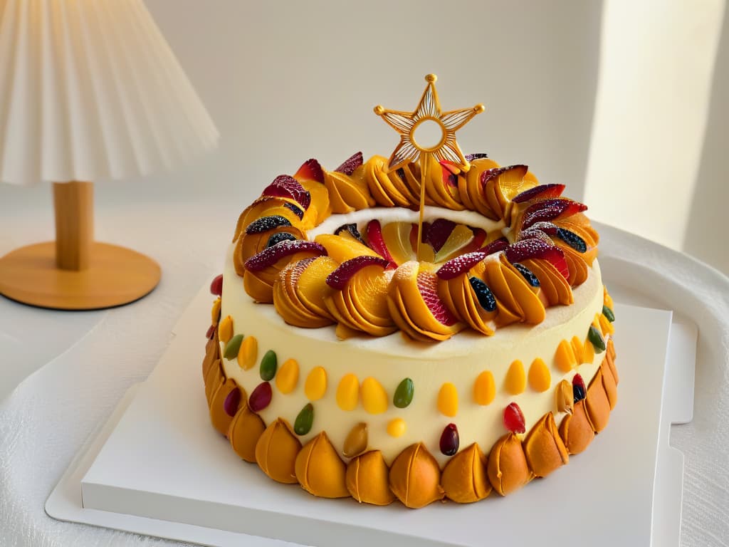  A highresolution, minimalist image of a traditional Roscón de Reyes, beautifully adorned with candied fruits and a golden crown, set against a simple, elegant white background. The focus is on the intricate details of the pastry, showcasing its cultural significance and inviting the viewer to appreciate its symbolic value in Spanish tradition. hyperrealistic, full body, detailed clothing, highly detailed, cinematic lighting, stunningly beautiful, intricate, sharp focus, f/1. 8, 85mm, (centered image composition), (professionally color graded), ((bright soft diffused light)), volumetric fog, trending on instagram, trending on tumblr, HDR 4K, 8K