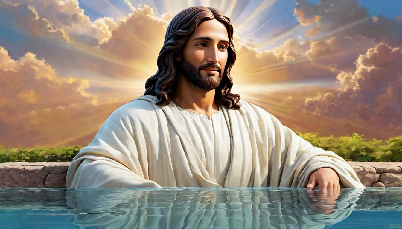  digital illustration, A reflection pool, calm and tranquil, showing the face of Jesus with a gentle, knowing smile, surrounded by soft glowing light, serene, contemplative, looking at viewer, dynamic pose, (intricate details, masterpiece, best quality)