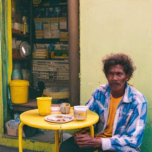 analog style table man selling a buai and smoke he ware the yellow shirt with the name "Baby muruk"