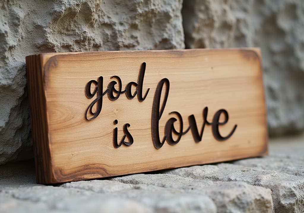  good quality, high quality, a handcrafted wooden plaque featuring the words "god is love," leaning against a stone background. focus on the text. no people.