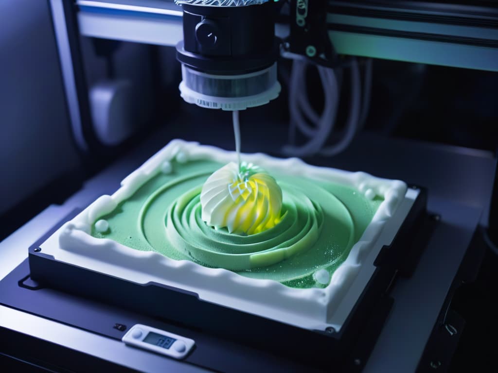  An ultradetailed, 8k resolution image depicting a sleek, modern 3D printer in action, meticulously crafting a custom dessert mold. The printer is surrounded by a soft, ambient light that highlights the intricate details and precision of the printing process. The background is blurred to emphasize the cuttingedge technology at the forefront, with a subtle reflection of the finished mold showcasing its innovative design. hyperrealistic, full body, detailed clothing, highly detailed, cinematic lighting, stunningly beautiful, intricate, sharp focus, f/1. 8, 85mm, (centered image composition), (professionally color graded), ((bright soft diffused light)), volumetric fog, trending on instagram, trending on tumblr, HDR 4K, 8K