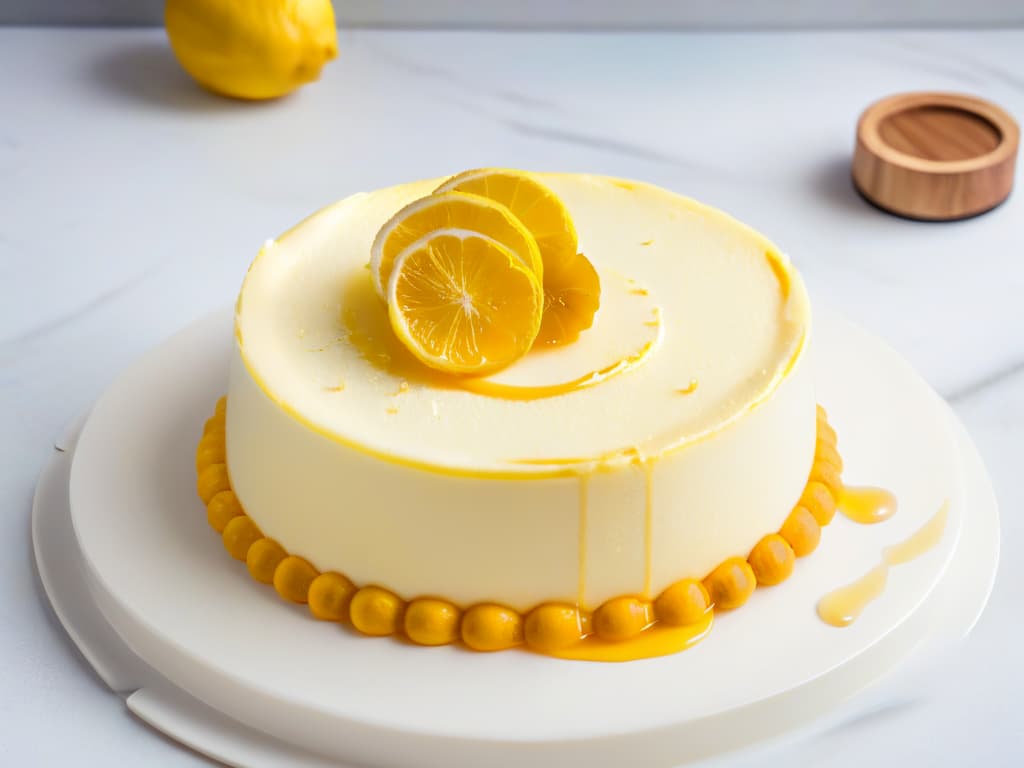  A highresolution, minimalist image of a perfectly sliced lemon cheesecake on a sleek, marble serving platter. The cheesecake is topped with delicate lemon zest, and a drizzle of golden honey elegantly cascades down its sides. The background is a soft focus to enhance the simple, yet luxurious, presentation of this gourmet lemon cheesecake. hyperrealistic, full body, detailed clothing, highly detailed, cinematic lighting, stunningly beautiful, intricate, sharp focus, f/1. 8, 85mm, (centered image composition), (professionally color graded), ((bright soft diffused light)), volumetric fog, trending on instagram, trending on tumblr, HDR 4K, 8K