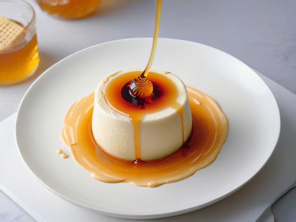  An ultradetailed closeup image of a glossy, golden drizzle of honey cascading smoothly over a perfectly rounded ball of fufu, delicately placed on a sleek, modern white plate. The honey forms elegant swirls and ripples as it envelops the fufu, capturing the luxurious simplicity of this unexpected dessert that promises to transport the viewer to the vibrant flavors of West Africa. hyperrealistic, full body, detailed clothing, highly detailed, cinematic lighting, stunningly beautiful, intricate, sharp focus, f/1. 8, 85mm, (centered image composition), (professionally color graded), ((bright soft diffused light)), volumetric fog, trending on instagram, trending on tumblr, HDR 4K, 8K