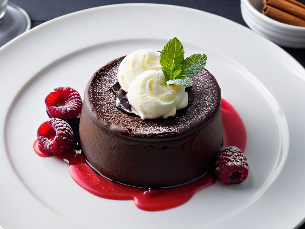  A minimalist, highresolution image of a decadent dark chocolate lava cake topped with a dollop of creamy vanilla bean ice cream, drizzled with a rich raspberry coulis, and garnished with fresh mint leaves on a sleek, white plate. The contrasting textures and vibrant colors create a visually striking and appetizing composition that embodies the bold and daring flavor combinations explored in the article. hyperrealistic, full body, detailed clothing, highly detailed, cinematic lighting, stunningly beautiful, intricate, sharp focus, f/1. 8, 85mm, (centered image composition), (professionally color graded), ((bright soft diffused light)), volumetric fog, trending on instagram, trending on tumblr, HDR 4K, 8K