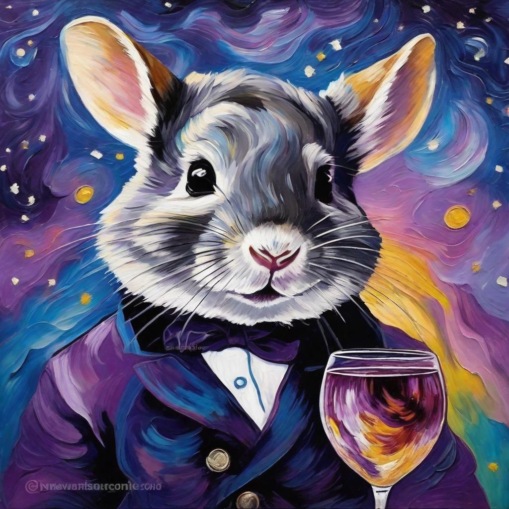  art painting in this style: abstract artwork, Vincent Van Gogh style, soft colors, that depicts: a chinchilla collonel i a purple galaxy looking in your eyes with a glass of wine in his paw