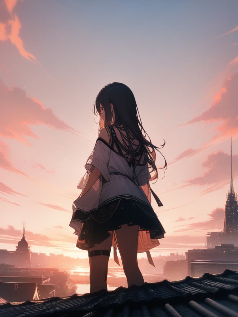  The background is the city of the city, the sky is sunset, a woman stands alone on the roof, the back, masterpiece, best quality,8k,ultra detailed,high resolution,an extremely delicate and beautiful,hyper detail