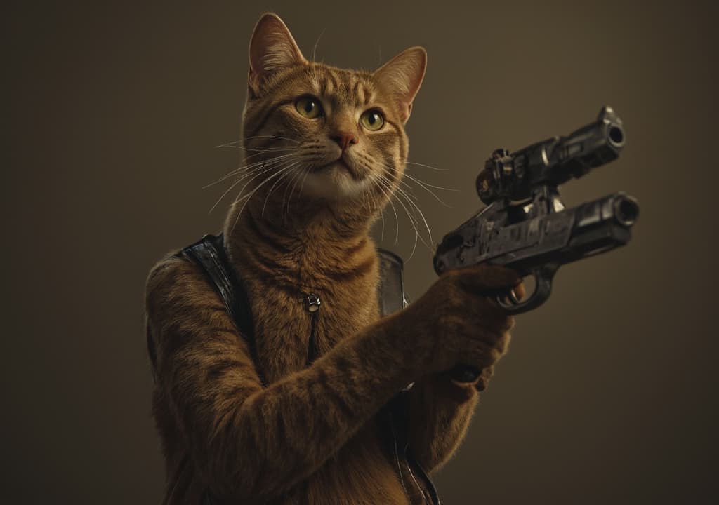  good quality, high quality, a cat with human with gun