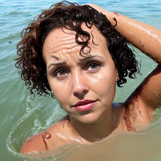  tanned woman's forehead with short and curly hair is in the water she's panic she's sinking and drowning