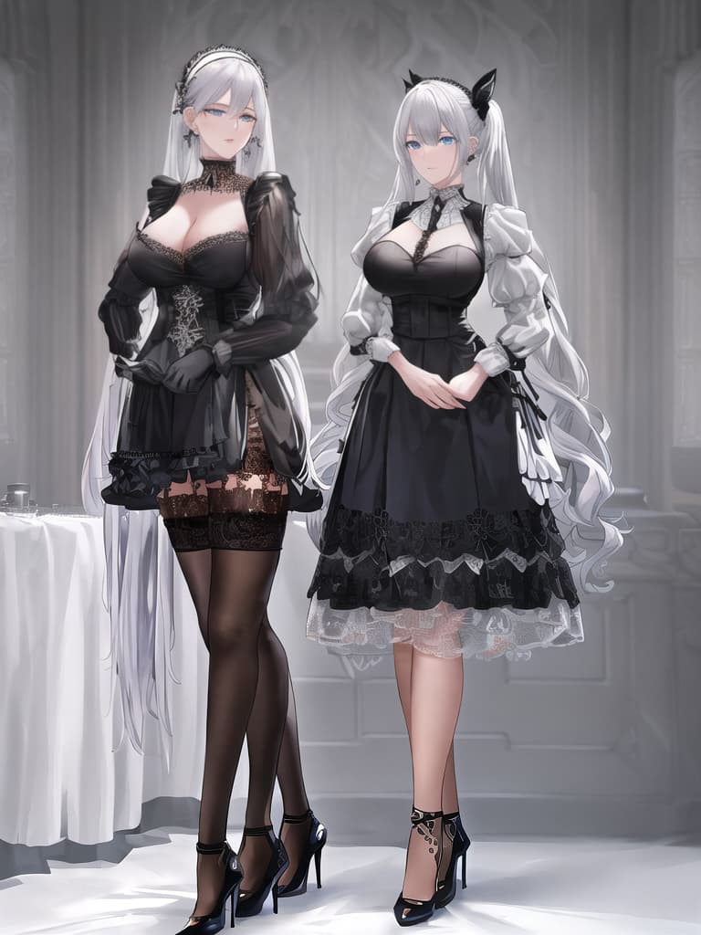  White Woman, Human, with silver hair, ((age 20 25)), and alluring, Hair Style: Twin Tails, radiant blue eyes, Housemaid, room, wearing and black lace and black with lacy black stockings, Accessories: ear piercings, Tall (()), normal sized with big s, s are visible while wearing cloths, black high heels with red at the bottom, ((())), ((full body)), (((hdr, masterpiece, highest resolution, best quality, beautiful, raw image))), (((extremely detailed, rendered))), full body, detailed clothing, highly detailed, detailed face hyperrealistic, full body, detailed clothing, highly detailed, cinematic lighting, stunningly beautiful, intricate, sharp focus, f/1. 8, 85mm, (centered image composition), (professionally color graded), ((bright soft diffused light)), volumetric fog, trending on instagram, trending on tumblr, HDR 4K, 8K