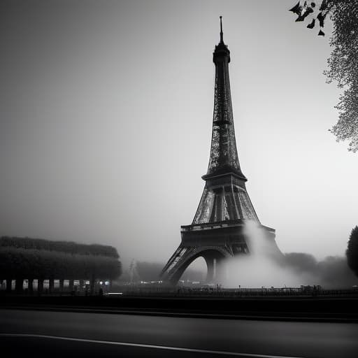  Black and White Eifel tower hyperrealistic, full body, detailed clothing, highly detailed, cinematic lighting, stunningly beautiful, intricate, sharp focus, f/1. 8, 85mm, (centered image composition), (professionally color graded), ((bright soft diffused light)), volumetric fog, trending on instagram, trending on tumblr, HDR 4K, 8K