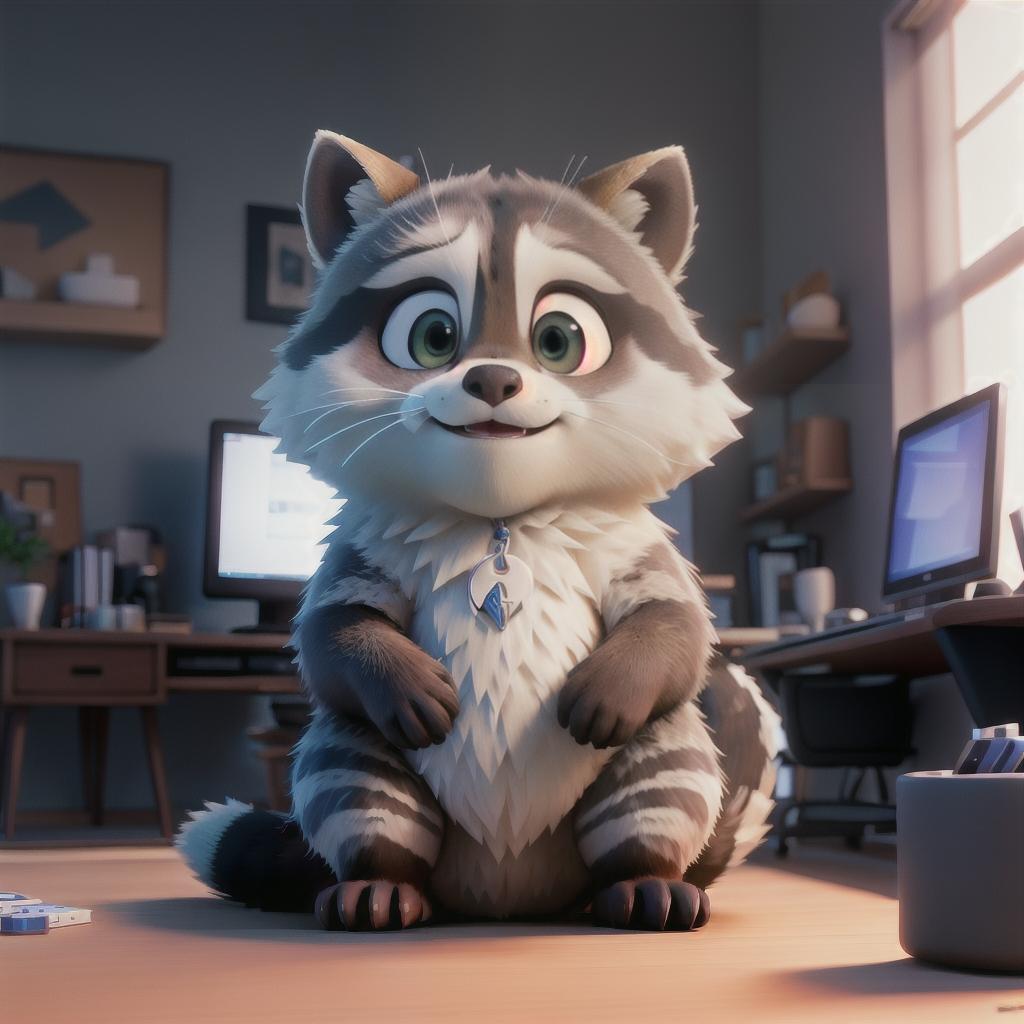  raccoon sitting in gaming chair front a computer on desktop, ((semi anthropomorphic)),(full body), tail, belly, sitting, fat, (chubby), (((white background))), solo, desktop, gaming chair, side view,  [[[clothes]]] hyperrealistic, full body, detailed clothing, highly detailed, cinematic lighting, stunningly beautiful, intricate, sharp focus, f/1. 8, 85mm, (centered image composition), (professionally color graded), ((bright soft diffused light)), volumetric fog, trending on instagram, trending on tumblr, HDR 4K, 8K