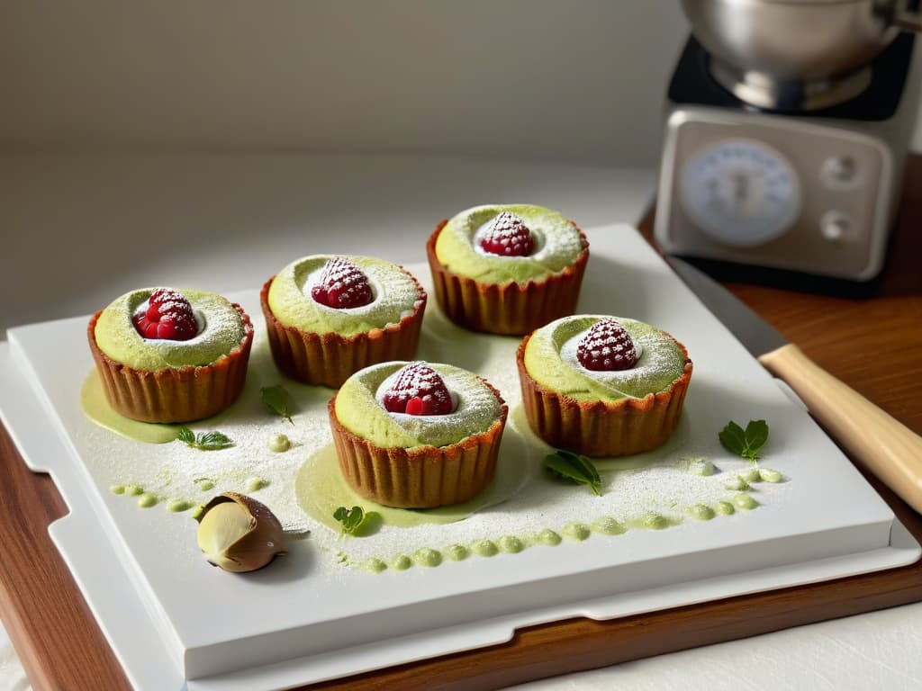  An ultradetailed image showcasing a sleek, modern kitchen countertop with an array of highquality, stainless steel baking utensils meticulously arranged. The utensils include a whisk, measuring spoons, a silicone spatula, a pastry brush, and a sieve, all gleaming in the soft, ambient light. The minimalist aesthetic of the image exudes elegance and precision, setting the tone for the meticulous preparation required for the delectable pistachio and raspberry financiers. hyperrealistic, full body, detailed clothing, highly detailed, cinematic lighting, stunningly beautiful, intricate, sharp focus, f/1. 8, 85mm, (centered image composition), (professionally color graded), ((bright soft diffused light)), volumetric fog, trending on instagram, trending on tumblr, HDR 4K, 8K